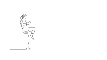 Poster - Animation of one line drawing of young energetic muay thai fighter man exercising at gym fitness center. Combative thai boxing sport concept. Continuous line self draw animated. Full length motion.