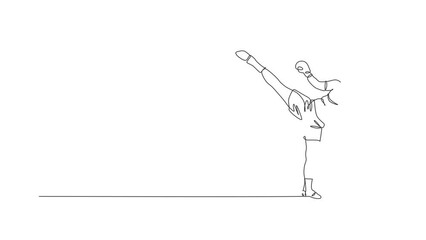 Poster - Animation of one line drawing of young energetic muay thai fighter man exercising at gym fitness center. Combative thai boxing sport concept. Continuous line self draw animated. Full length motion.
