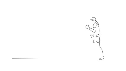 Poster - Animated self drawing of continuous line draw young sporty muay thai boxer man preparing to fight, stance kick at box arena. Fighting sport game concept. Full length single line animation illustration