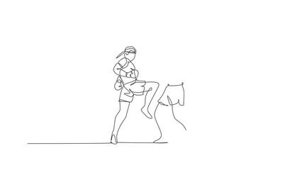 Poster - Animated self drawing of one continuous line draw two young sporty muay thai boxer men preparing to fight sparring at boxing arena. Fighting sport game concept. Full length single line animation.