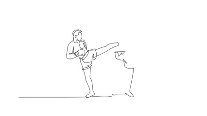 Poster - Animated self drawing of one continuous line draw young sporty man kickboxer athlete fight seriously at the national competition. Combative kickboxing sport concept. Full length single line animation.