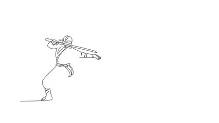 Wall Mural - Animated self drawing of continuous line draw young Japanese culture ninja warrior on mask costume with attacking stance pose. Martial art fighting samurai concept. Full length one line animation.