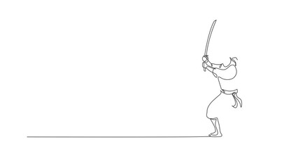 Poster - Animation of one line drawing of energetic Japanese traditional ninja holding samurai sword on attack pose. Combative martial art sport concept. Continuous line self draw animated. Full length motion.