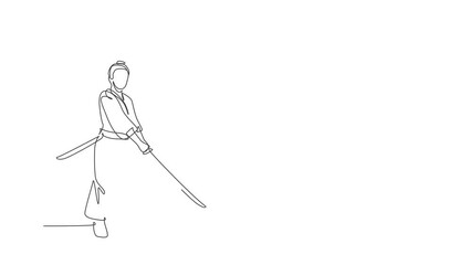 Wall Mural - Animated self drawing of single continuous line draw young strong samurai warrior wearing traditional uniform holding sword at festival. Ancient fighter soldier concept. Full length one line animation