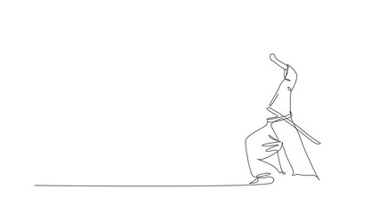 Wall Mural - Animation of one line drawing of young Japanese samurai warrior holding katana sword practicing at dojo center. Combative martial art concept. Continuous line self draw animated. Full length motion.