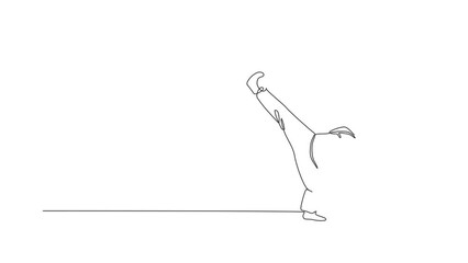 Poster - Animation of one line drawing of young energetic man capoeira dancer perform dancing fight. Traditional martial art lifestyle sport concept. Continuous line self draw animated. Full length motion.