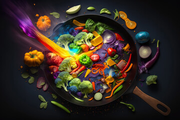 Wall Mural - selection of vegetables are flying out of the pan, with their vibrant colors and textures shining through, generative ai