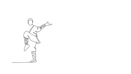 Wall Mural - Animation of one line drawing young energetic shaolin monk man exercise kung fu fighting at temple. Ancient Chinese martial art sport concept. Continuous line self draw animated. Full length motion.