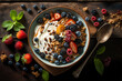 overhead healthy breakfast bowl filled with greek yogurt, fresh berries, and crunchy granola, generative ai
