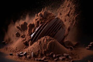 Wall Mural - pile of dark chocolate pieces with cocoa powder dusting, generative ai