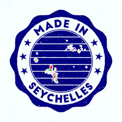 Wall Mural - Made In Seychelles. Island round stamp. Seal of Seychelles with border shape. Vintage badge with circular text and stars. Vector illustration.