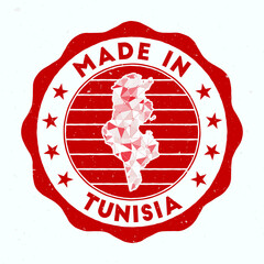 Wall Mural - Made In Tunisia. Country round stamp. Seal of Tunisia with border shape. Vintage badge with circular text and stars. Vector illustration.