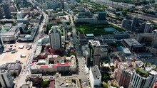 Ukraine Capital City Aerial Drone Footage. Kyiv Central District From Very High Point Of View. Bright Sunny Day. People Living Peaceful Lives