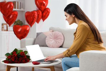 Poster - Valentine's day celebration in long distance relationship. Woman chatting with her boyfriend at home