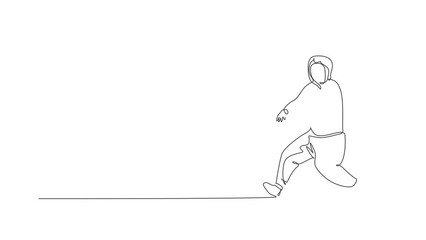 Wall Mural - Animation of one line drawing of modern street dancer man with hoodie performing hip hop dance on the stage. Urban generation lifestyle concept. Continuous line self draw animated. Full length motion.