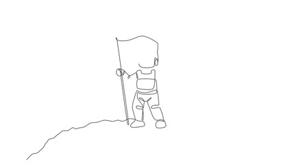 Poster - Animation of one line drawing of space man astronaut exploring moon surface, planting flag to mark it. Fantasy outer space life fiction concept. Continuous line self draw animated. Full length motion.