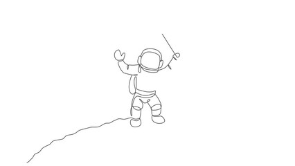 Poster - animated self drawing of continuous line drawing science astronaut in moon surface waving flag to ce