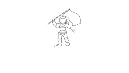 Poster - Animated self drawing of continuous line draw cosmonaut exploring outer space. Astronaut waving flag, standing on full moon. Fantasy cosmic galaxy discovery concept. Full length single line animation.