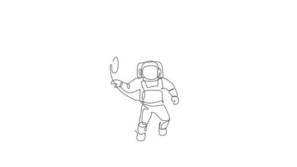 Poster - animation of one line drawing of astronaut exploring cosmic galaxy, flying in front of full moon. fa