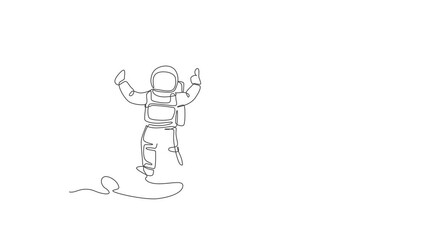 Poster - Animated self drawing of one continuous line draw cosmonaut exploring outer space. Astronaut standing on crescent moot. Fantasy cosmic galaxy discovery concept. Full length single line animation.