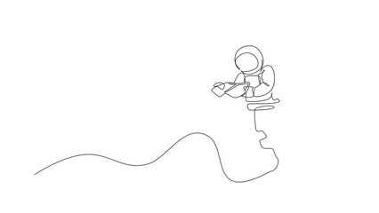 Poster - Animated self drawing of continuous line draw floating science astronaut in spacewalk reading space map. Fantasy deep space exploration, fiction concept. Full length one line animation illustration.