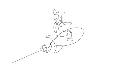 Poster - animation of one line drawing of astronaut in spacesuit floating, discovering deep space while sitti