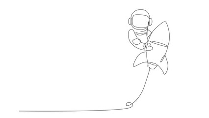 Poster - animation of one line drawing of astronaut in spacesuit floating, discovering deep space while holdi