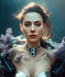 uturistic portrait of a sexy cyborg girl with a beautiful silicone breast underwater. Generative AI