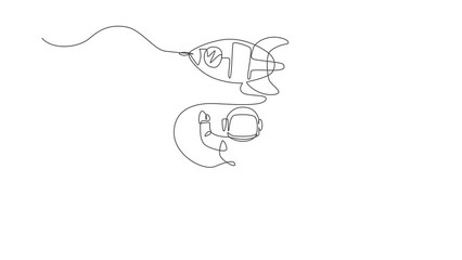 Poster - Animation of one line drawing of astronaut in spacesuit waving hand, discovering deep space with rocket spaceship. Exploring outer space concept. Continuous line self draw animated. Full length motion