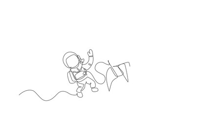Poster - Animated self drawing of one continuous line draw spaceman astronaut science discovering cosmos galactic with rocket. Cosmonaut exploration of outer space concept. Full length single line animation.
