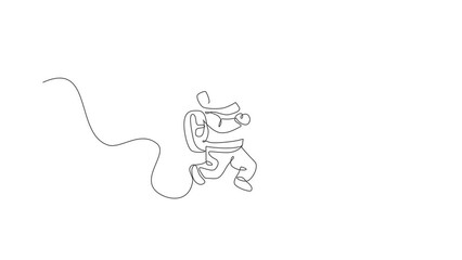 Poster - Animated self drawing of single continuous line draw young cosmonaut scientist discovering spacewalk universe in vintage style. Astronaut cosmic traveler concept. Full length one line animation.