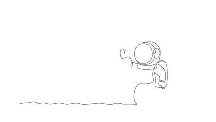 Poster - Animation of one line drawing of young astronaut in spacesuit flying at outer space illustration. Spaceman adventure galactic space concept. Continuous line self draw animated. Full length motion.