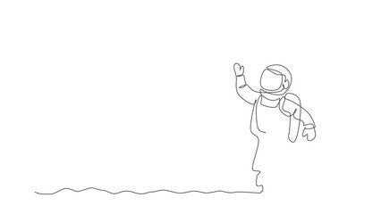 Poster - Animated self drawing of single continuous line draw young cosmonaut scientist discovering spacewalk universe in vintage style. Astronaut cosmic traveler concept. Full length one line animation.