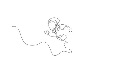 Poster - Animation of one line drawing of young astronaut in spacesuit flying at outer space illustration. Spaceman adventure galactic space concept. Continuous line self draw animated. Full length motion.