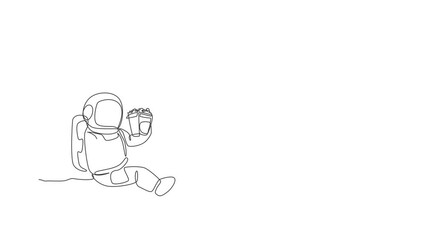Poster - Animated self drawing of single continuous line draw spaceman sitting relax on moon surface while eating french fries and drinking soft soda. Outer space life concept. Full length one line animation.