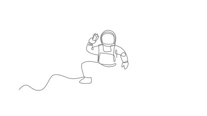 Poster - Animated self drawing of one continuous line draw cosmonaut eating spicy Mexican taco in galactic universe. Fantasy outer space astronaut life concept. Full length single line animation illustration.
