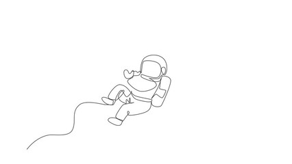 Poster - Animation of one single line drawing of astronaut flying in cosmos galaxy while eating spicy delicious burger. Fantasy outer space life concept. Continuous line self draw animated. Full length motion.