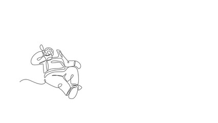 Poster - Animation of one single line drawing of astronaut flying in cosmos galaxy while eating sweet sugar donut. Fantasy outer space life concept. Continuous line self draw animated. Full length motion.