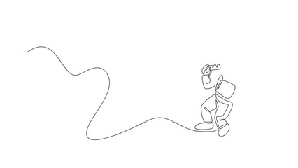 Poster - Animation of one line drawing of astronaut flying in cosmos galaxy while eating sweet milk chocolate bar. Fantasy outer space life concept. Continuous line self draw animated. Full length motion.