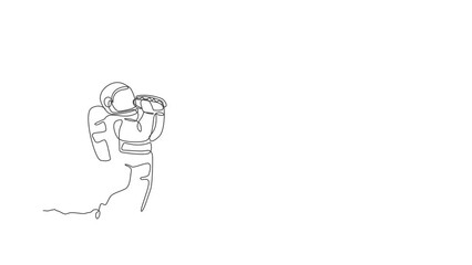 Poster - Animated self drawing of one continuous line draw cosmonaut eating spicy hot dog in galactic universe. Fantasy outer space astronaut life concept. Full length single line animation illustration.