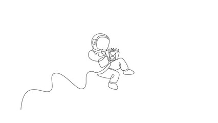 Poster - Animation of one single line drawing of astronaut flying in cosmos galaxy while eating french fries. Fantasy outer space life concept. Continuous line self draw animated. Full length motion.