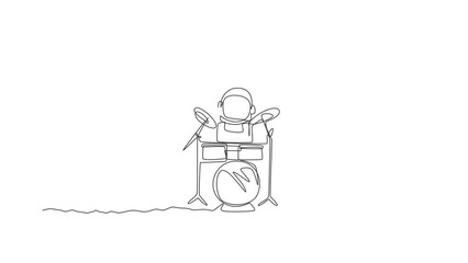 Poster - animated self drawing of one continuous line draw astronaut drummer with spacesuit playing drum in m