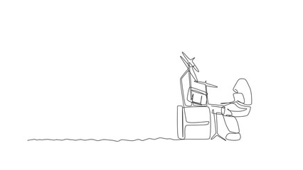 Poster - Animation of one line drawing of spaceman drummer playing drum set musical instrument on moon surface. Music concert poster, space concept. Continuous line self draw animated. Full length motion.