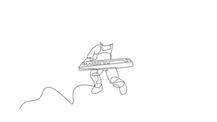 Poster - Animated self drawing of continuous line draw astronaut keyboardist playing keyboard musical instrument in cosmic galaxy. Deep space music concert concept. Full length one line animation illustration.