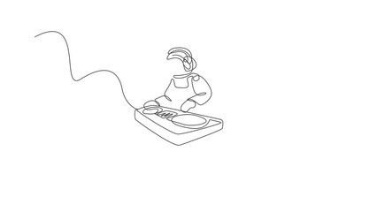 Poster - animated self drawing of continuous line draw astronaut playing dj audio mixer musical instrument in