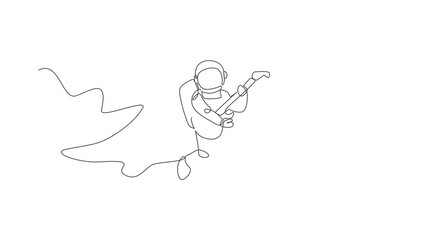 Poster - Animated self drawing of one continuous line draw astronaut with spacesuit playing acoustic guitar in galaxy universe. Outer space music concert concept. Full length single line animation illustration
