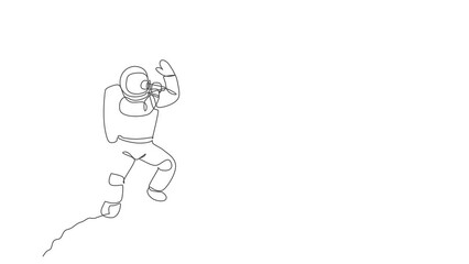 Poster - Animated self drawing of single continuous line draw astronaut singer singing a beautiful song musical instrument in cosmic galaxy. Outer space music concert concept. Full length one line animation.