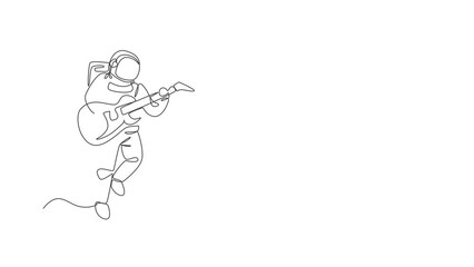Poster - Animated self drawing of continuous line draw astronaut playing electric guitar musical instrument in cosmic galaxy. Outer space music concert concept. Full length one line animation illustration.