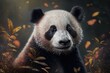 giant panda eating bamboo. Portrait of a bear on a bokeh background.