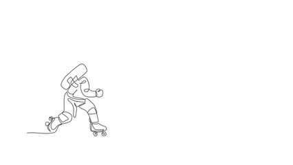Poster - Animated self drawing of continuous line draw astronaut using roller skates on moon surface, deep space galaxy. Spaceman healthy fitness sport concept. Full length single line animation illustration.